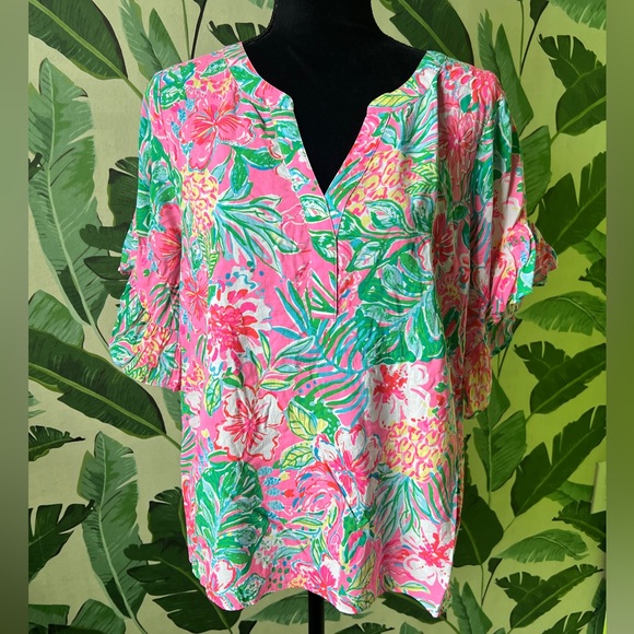 Lilly Pulitzer Quinna Top Journey To The Jungle Floral Short Sleeve Blouse M - Picture 4 of 9
